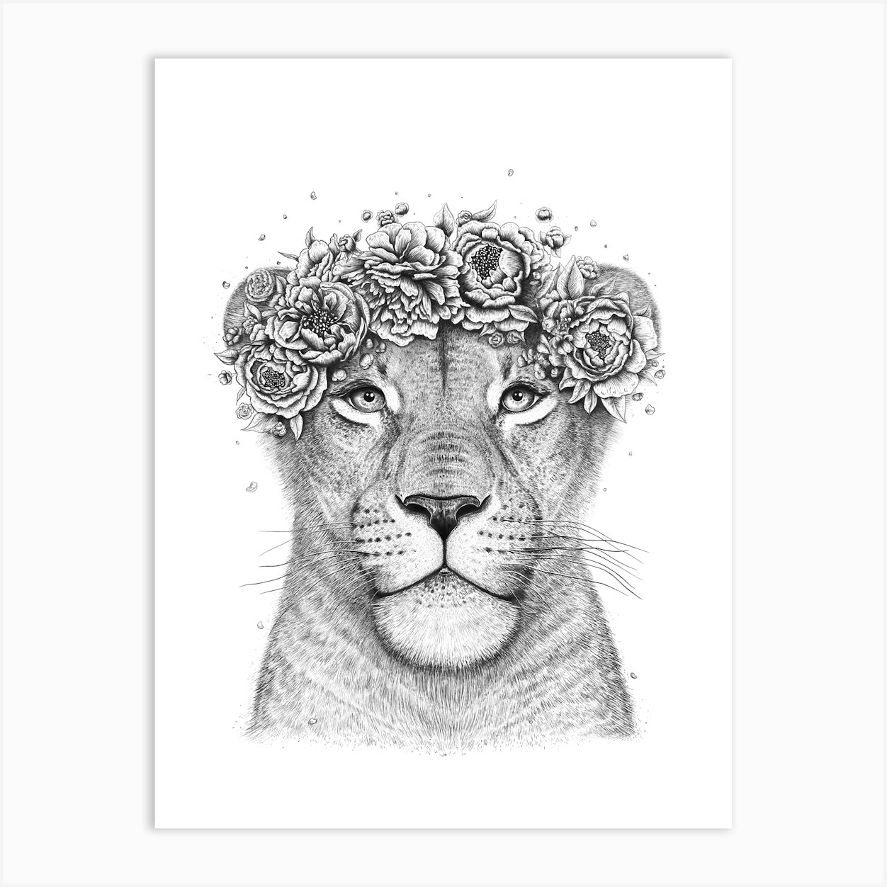 Lioness With Flowers Art Print by Valeriya Korenkova - Fy