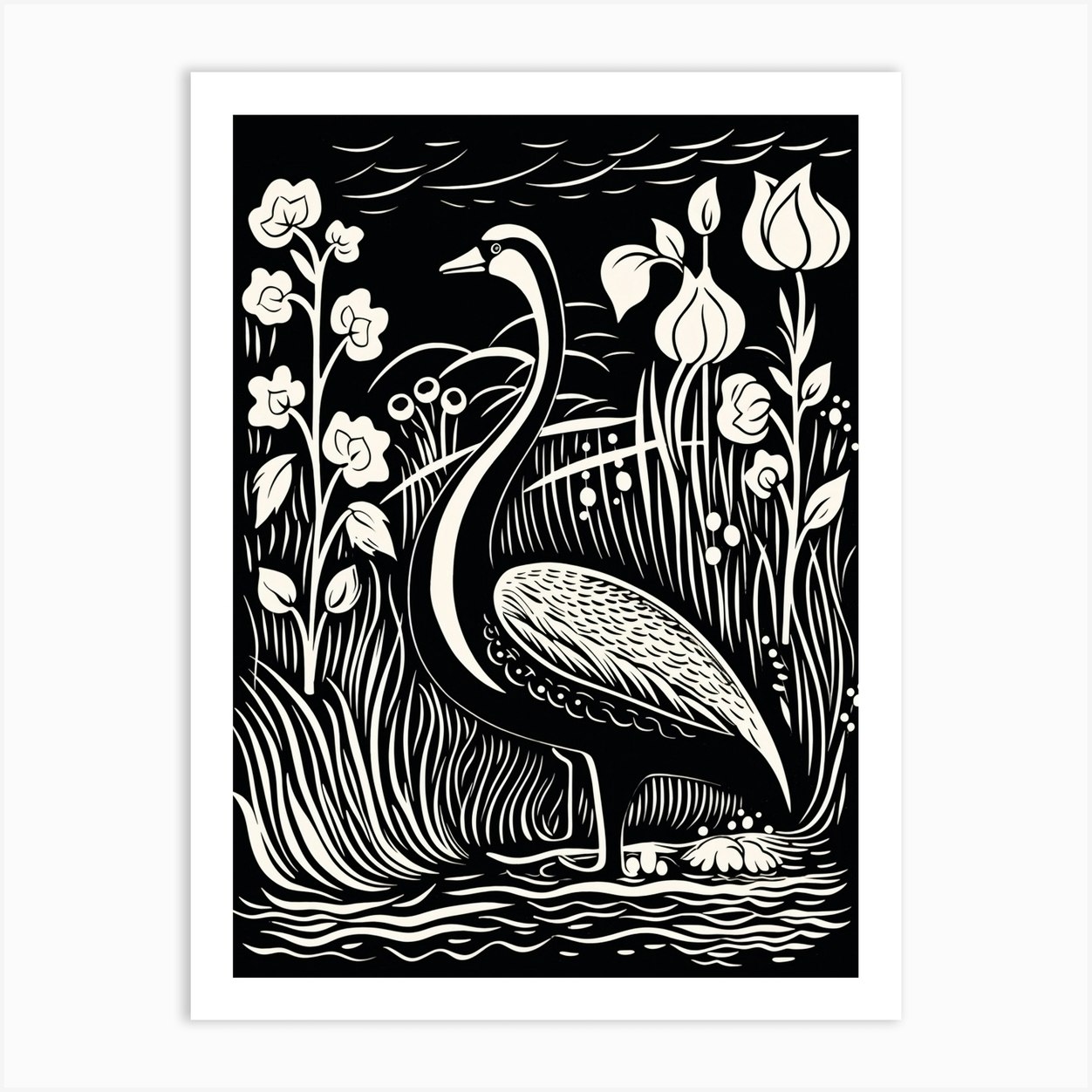 B&W Bird Linocut Swan 4 Art Print by Feathered Muse - Fy
