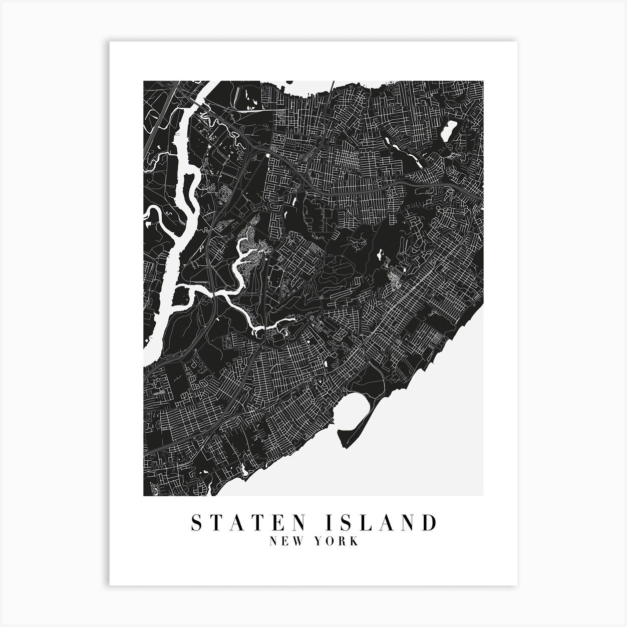 Staten Island New York Minimal Black Mono Street Map Art Print by ...