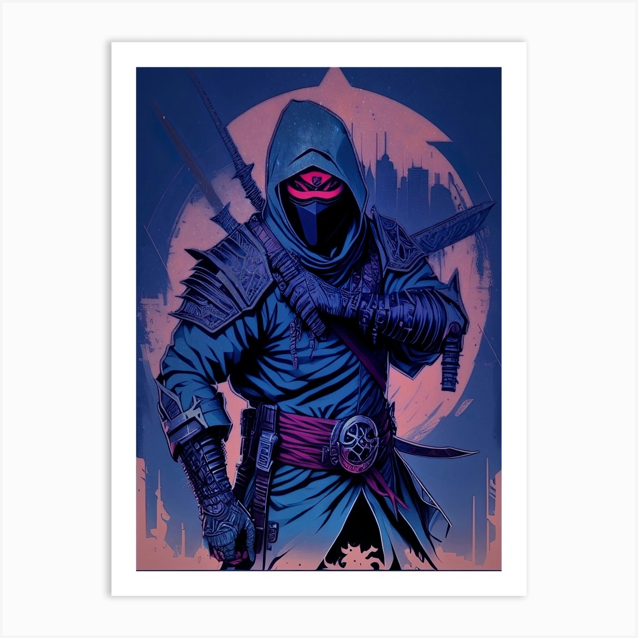 Dynamic cyber warfare design Neon-lit ninja illustration Swords Sci-fi ...