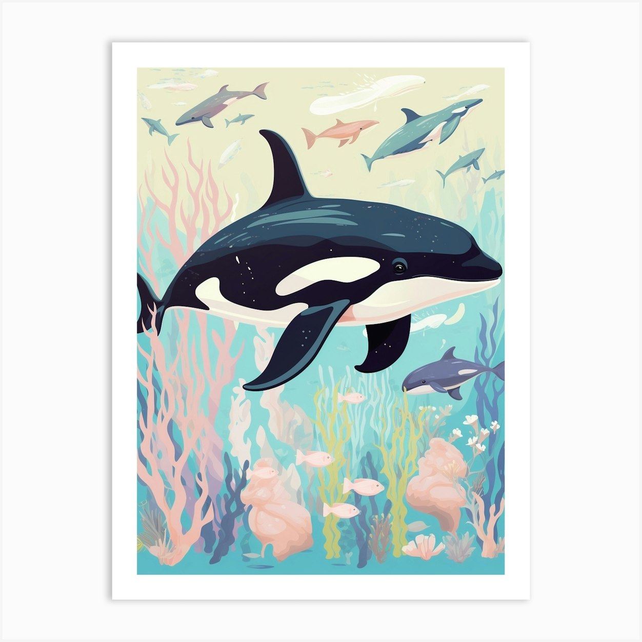 Pastel Orca Whale And Coral Art Print by Energy of the Sea - Fy