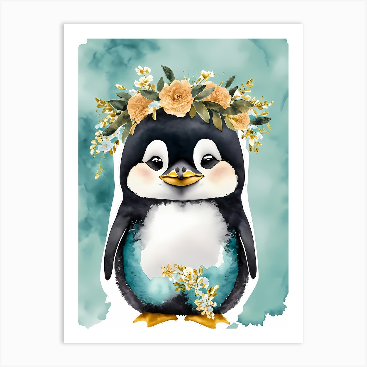 Floral Cute Penguin Watercolor (5) Art Print by 1xMerch - Fy