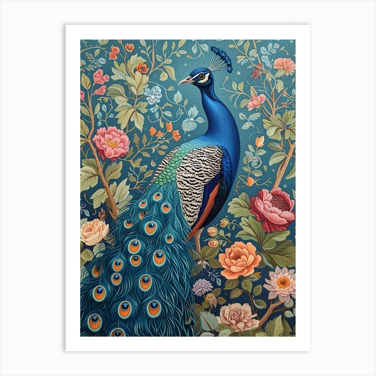 Blue Floral Vintage Peacock Art Print By Featherline - Fy