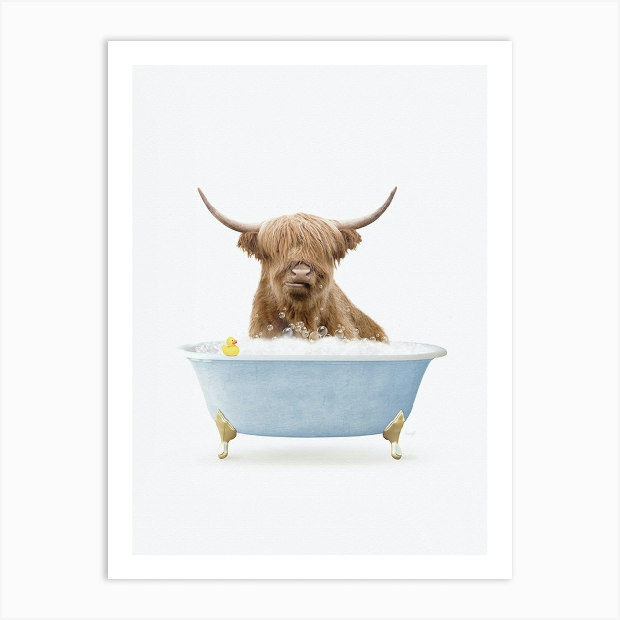 Highland Cow Sitting In Simple Tub Art Print by KunStudio - Fy