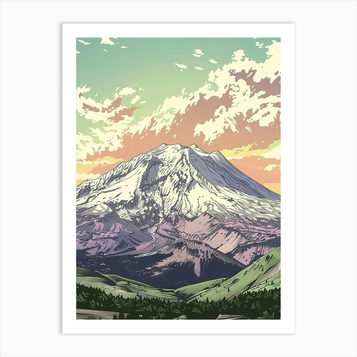 Mount St Helens Usa Color Line Drawing (6) Art Print by Pixel Peaks - Fy