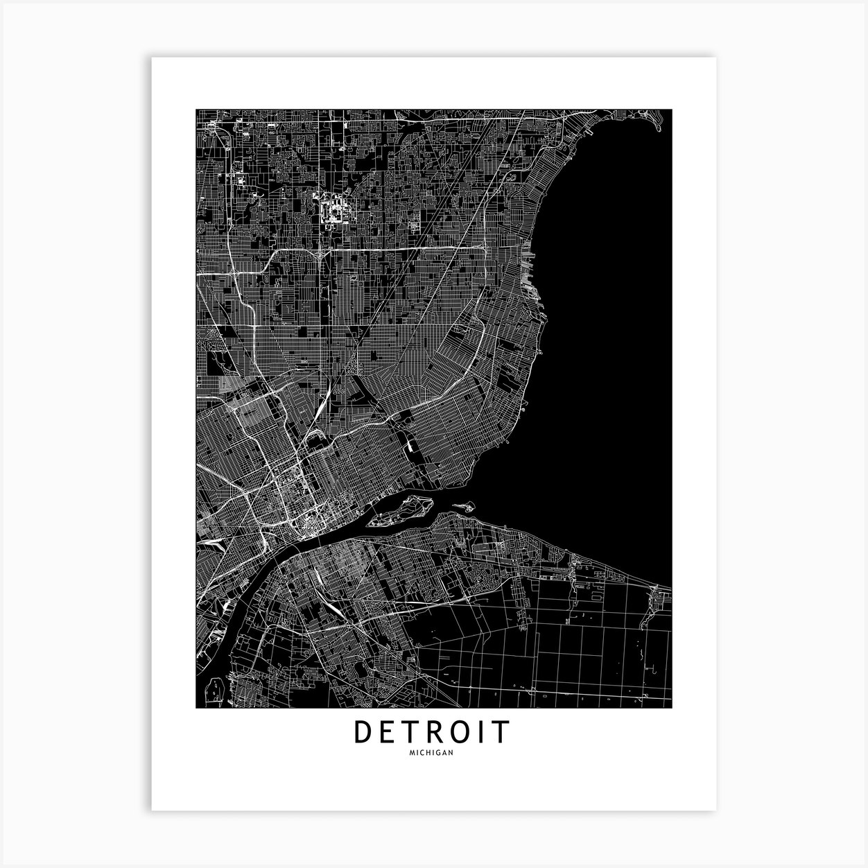 Detroit Black And White Map Art Print by multipliCITY - Fy