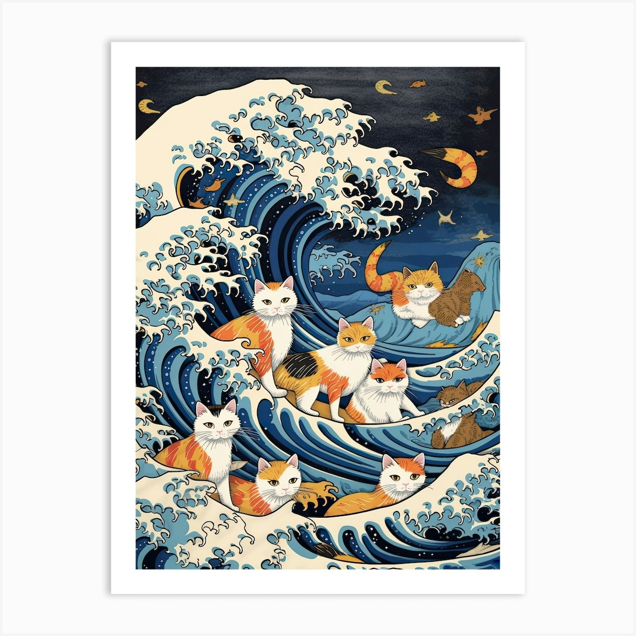 The Great Wave Off Kanagawa Ginger Cats Kitsch 2 Art Print by Mambo - Fy