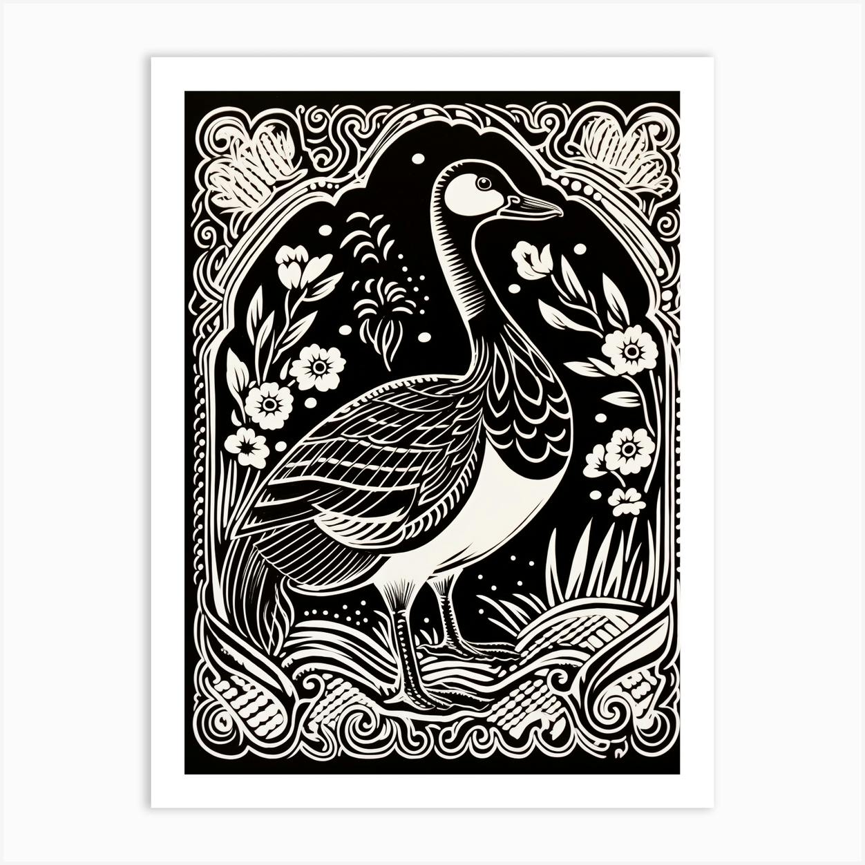 B&W Bird Linocut Goose 3 Art Print