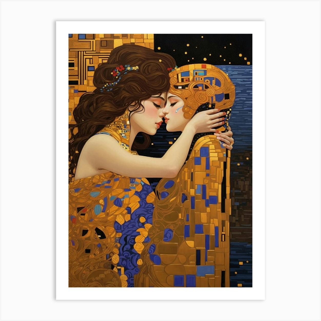 A pixel art version of Gustav Klimt's The Kiss 1 Art Print