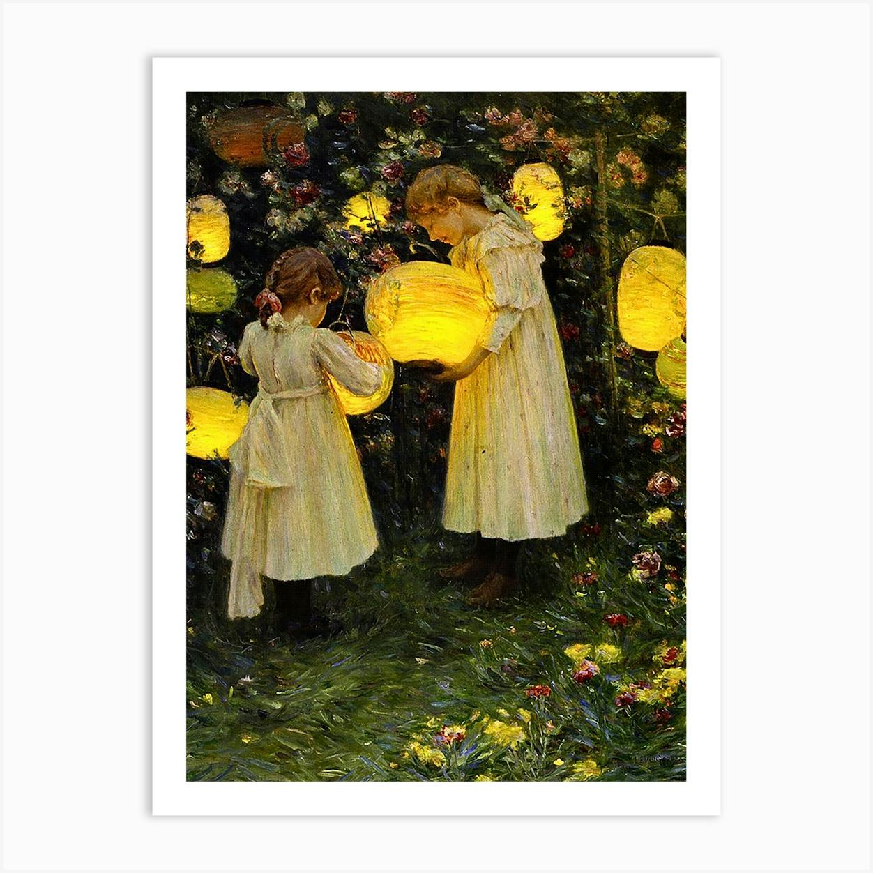Japanese Lanterns 1895 Antique Oil painting of Victorian Girls in the Garden by Luther Emerson Van Gorder HD Remastered Art Print
