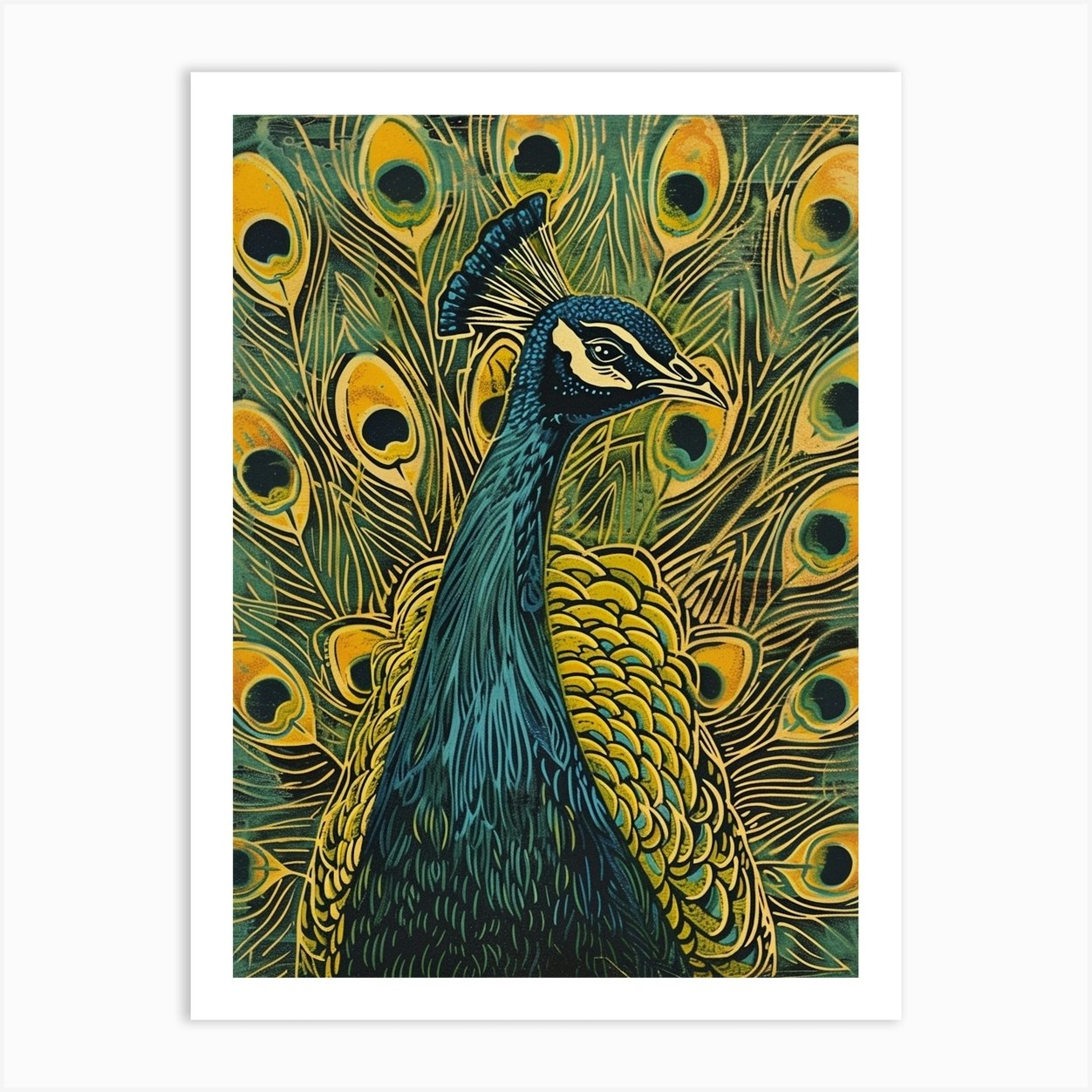 Blue Mustard Linocut Inspired Peacock Feather 3 Art Print by ...