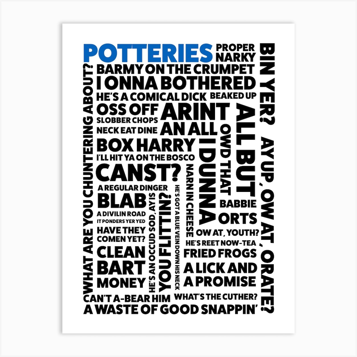 Potteries, Stoke on Trent dialect and sayings Art Print by Prints With