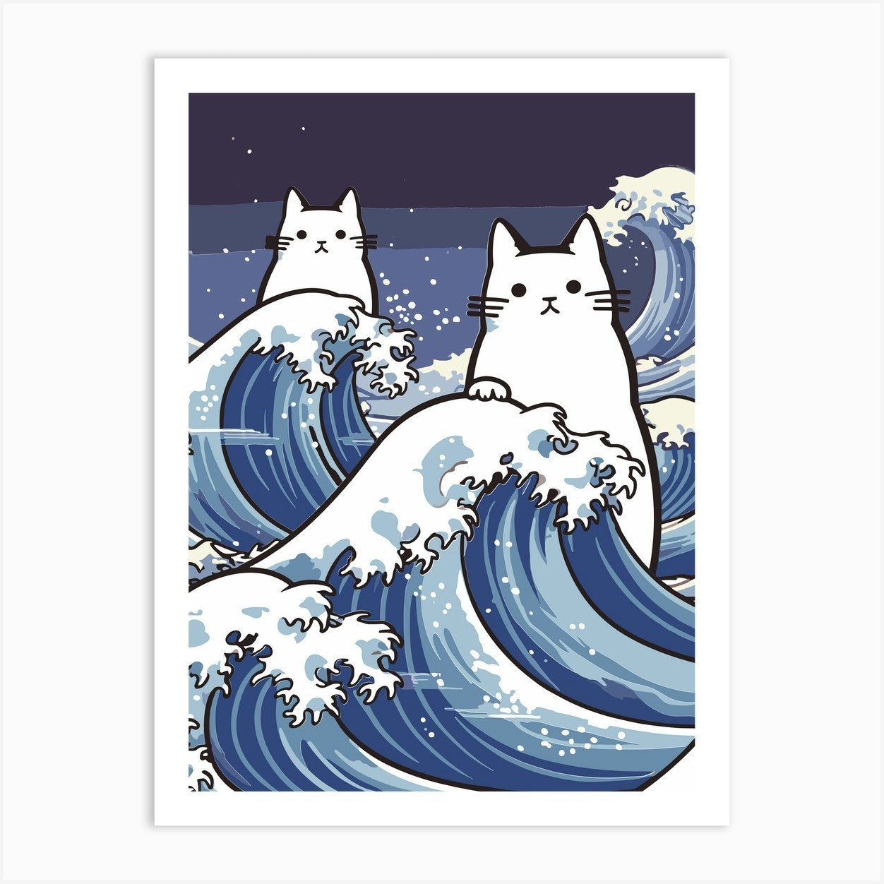 Hokusai Great Wave Cats Kawaii Cartoon Art Print by Mambo - Fy