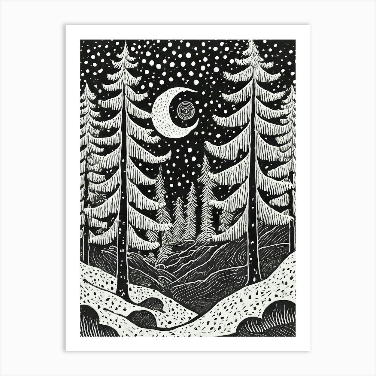 Forest landscape linocut art print, limited good edition home decor gift