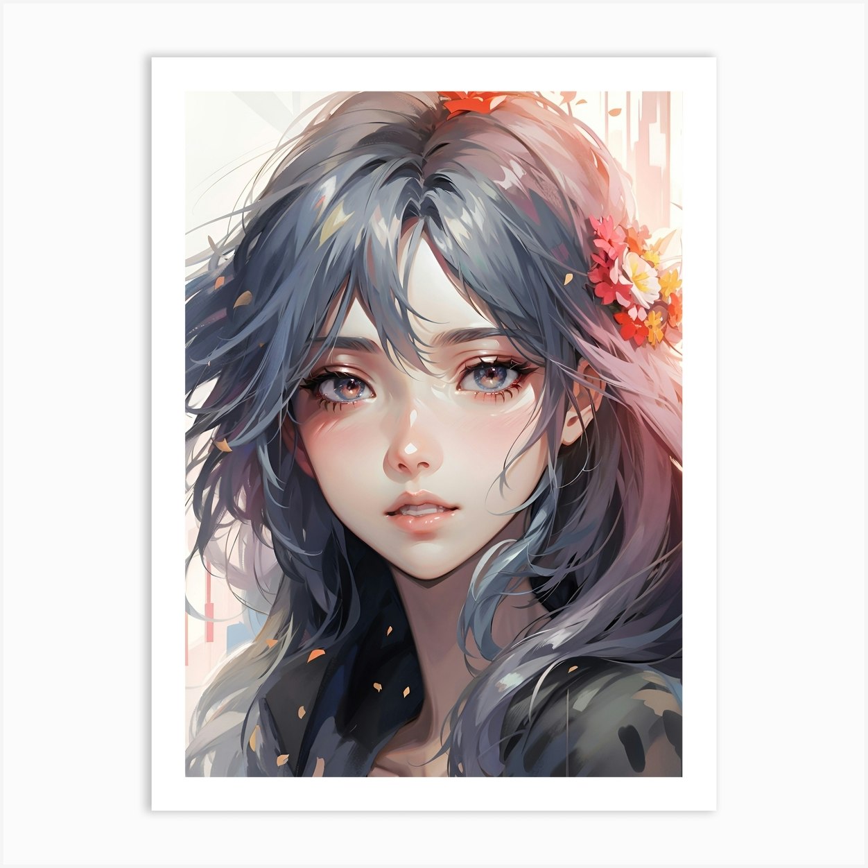 Anime Girl With Flowers Watercolor Art Print by AiArt Mania Fy