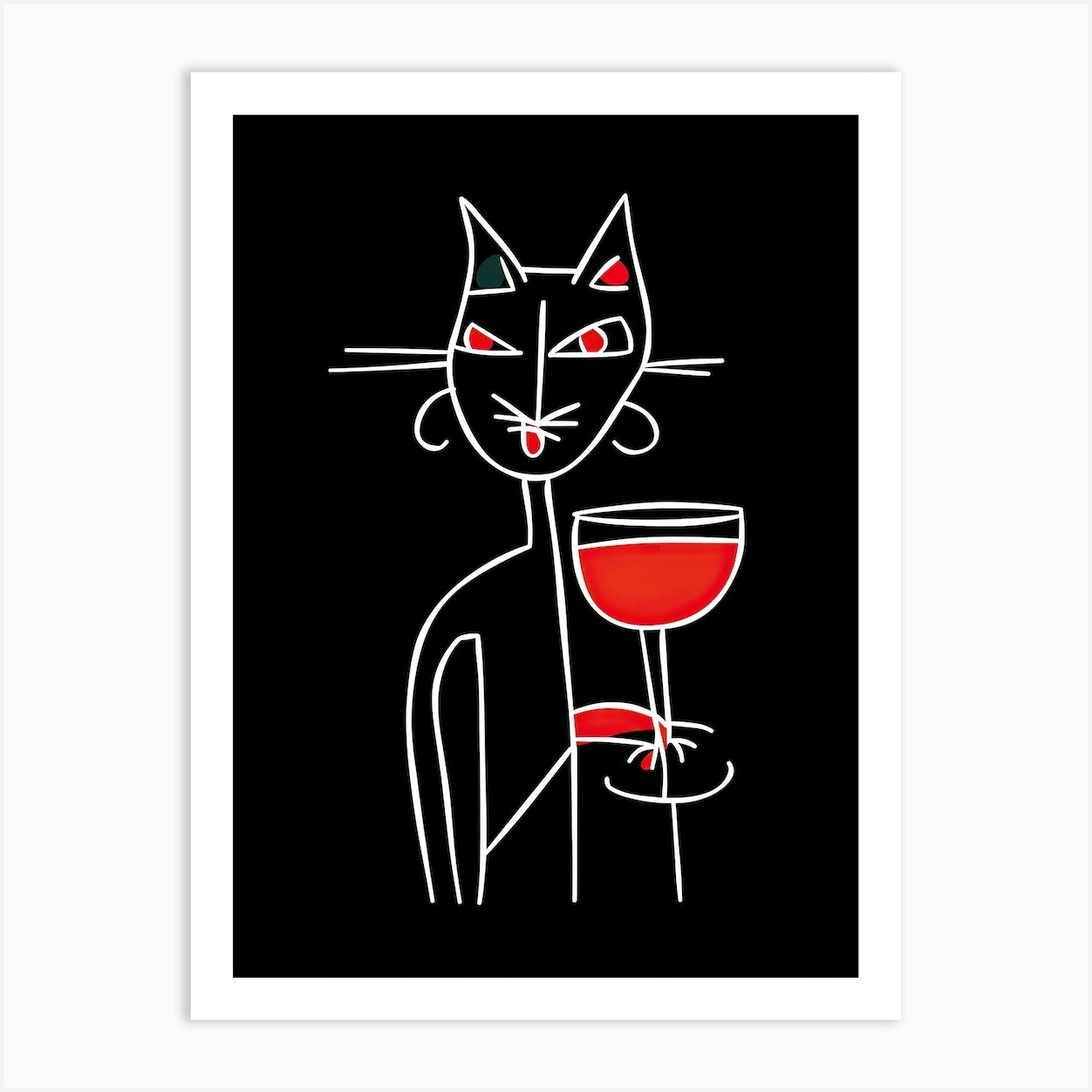 Cat And Cocktail Line Art Black And Red Art Print by Essence Lines - Fy