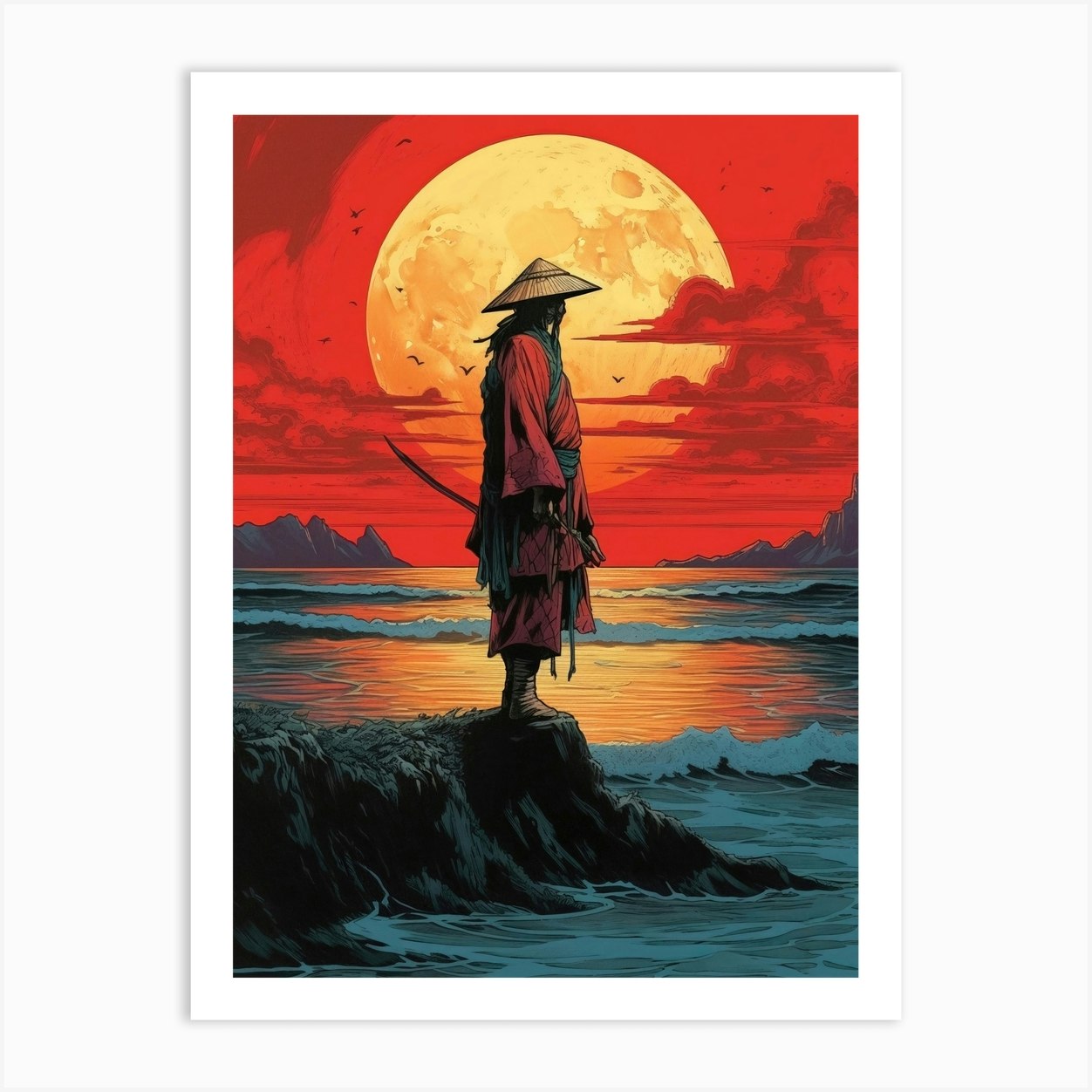 Japanese Red Samurai Warrior Moon Art Print by Lootprint - Fy