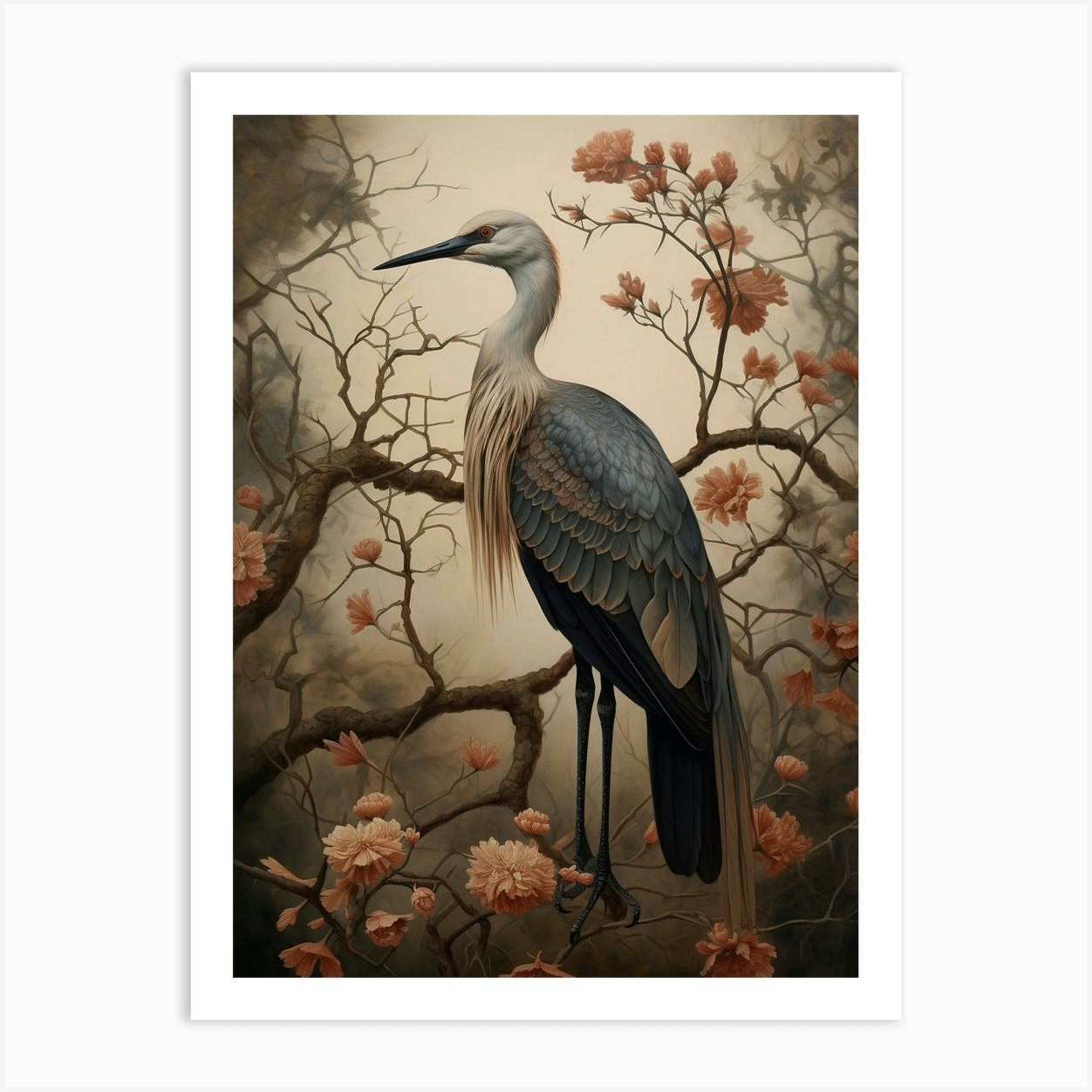 Dark And Moody Botanical Crane 4 Art Print by Feathered Muse - Fy