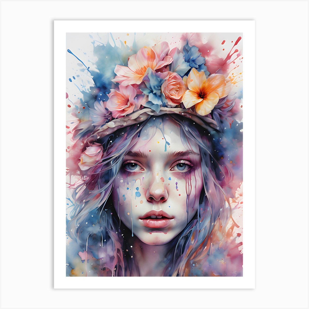 Beautiful Girl With Flower Hat Pastel Watercolor Dripping Paint ...