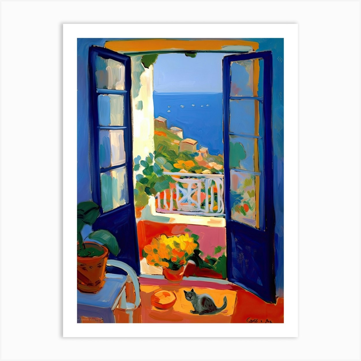 Open Window With Cat Matisse Style Amalfi Coast 3 Art Print by Mambo - Fy