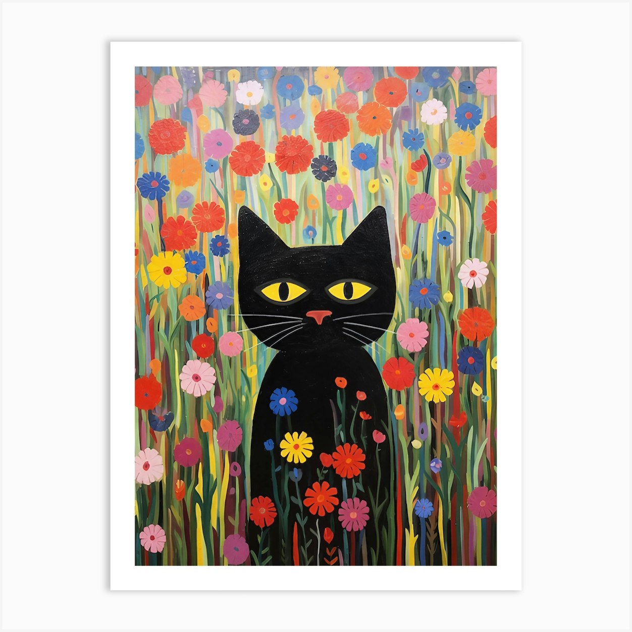 Black Cat In A Flower Field Art Print by Mashimara - Fy