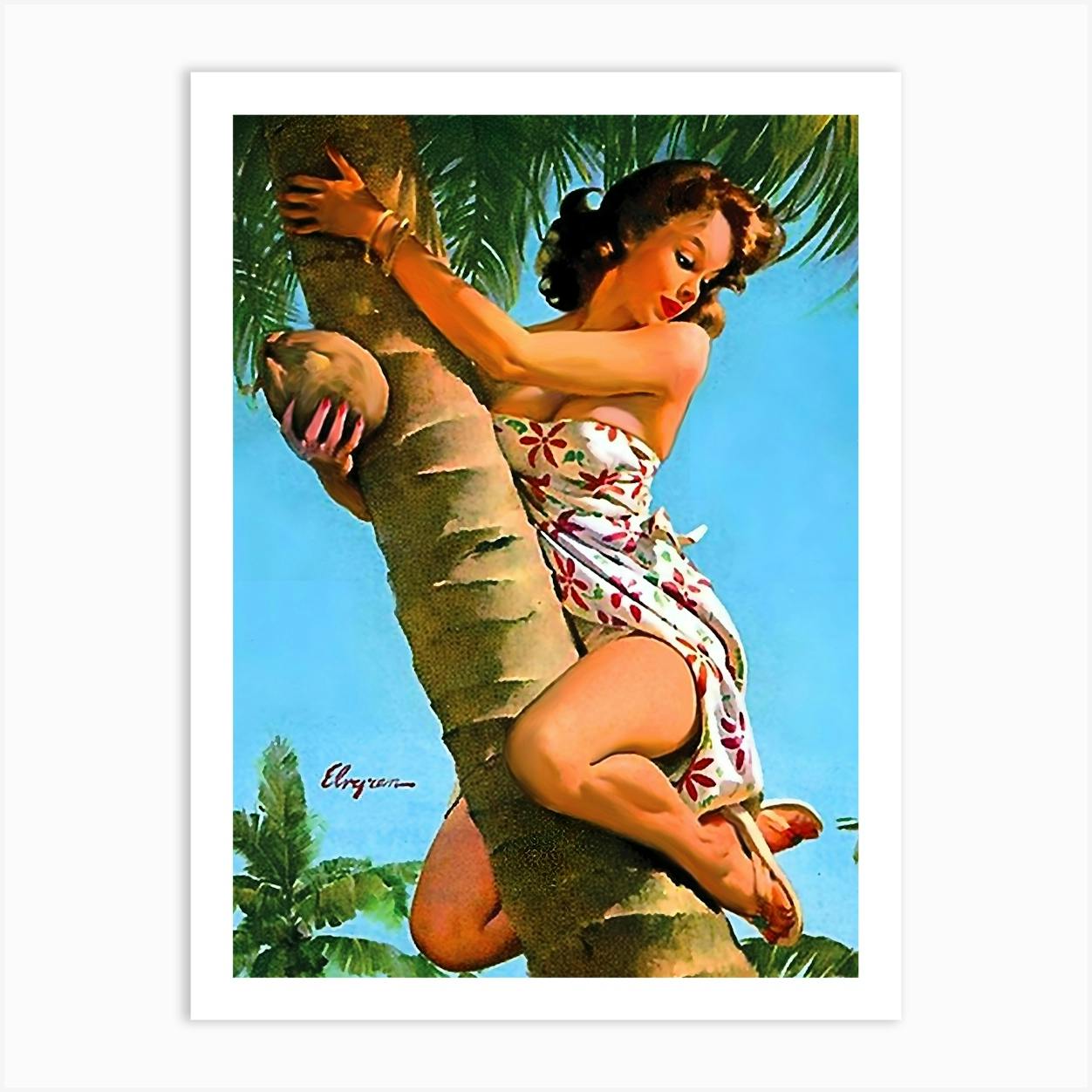 Pinup Sexy Girl On A Coconut Tree Funny Vintage Poster Art Print by Vintage Spirit Fy