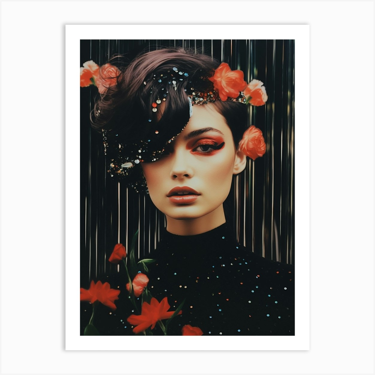 cosmic portrait of a woman with flowers stars on black background Art