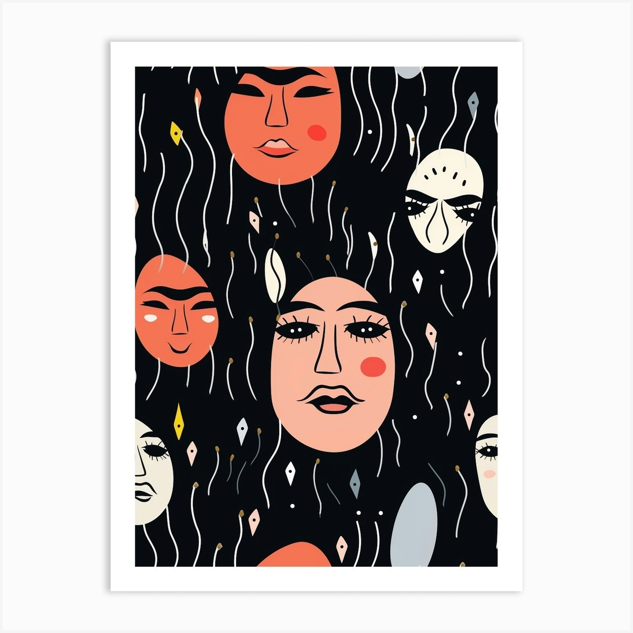 Abstract Face Drawing Black Background Art Print by Essence Lines Fy