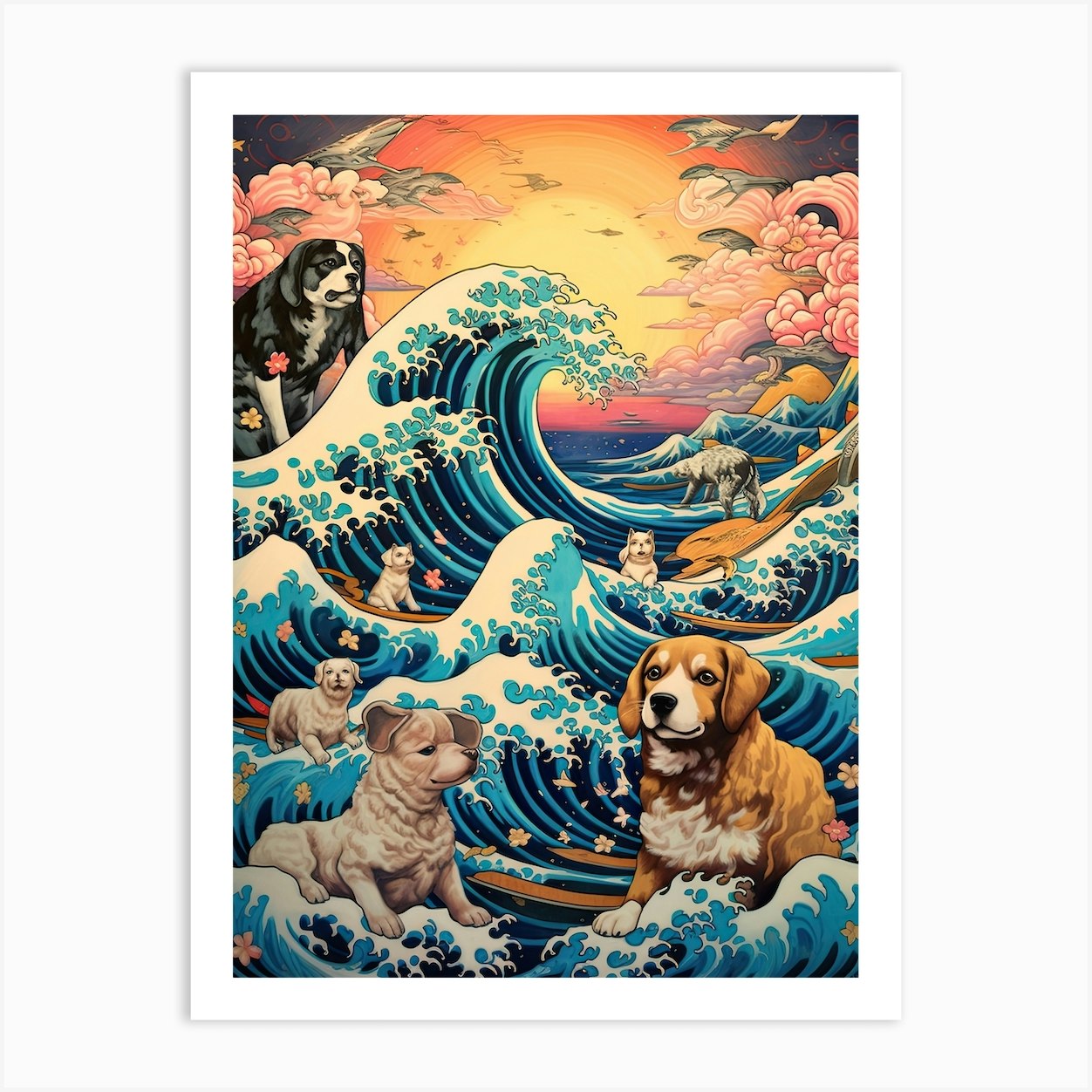 The Great Wave Off Kanagawa With Dogs Kitsch Art Print by Mambo - Fy