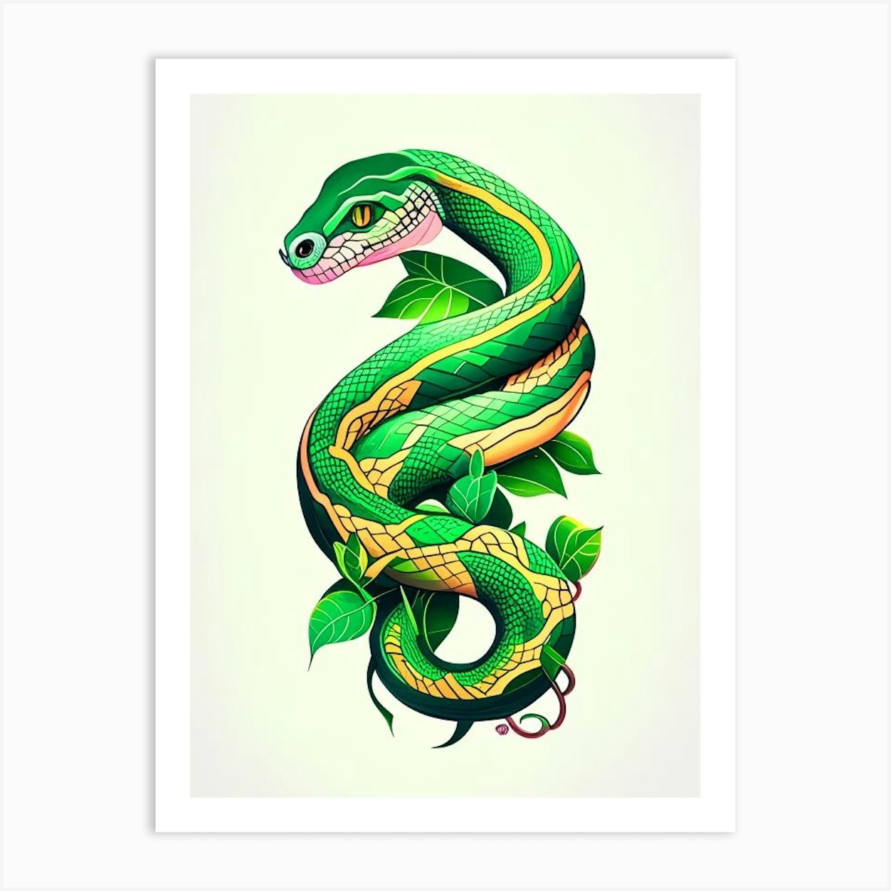 Green Tree Python Snake Tattoo Style Art Print by The Snake Pit - Fy