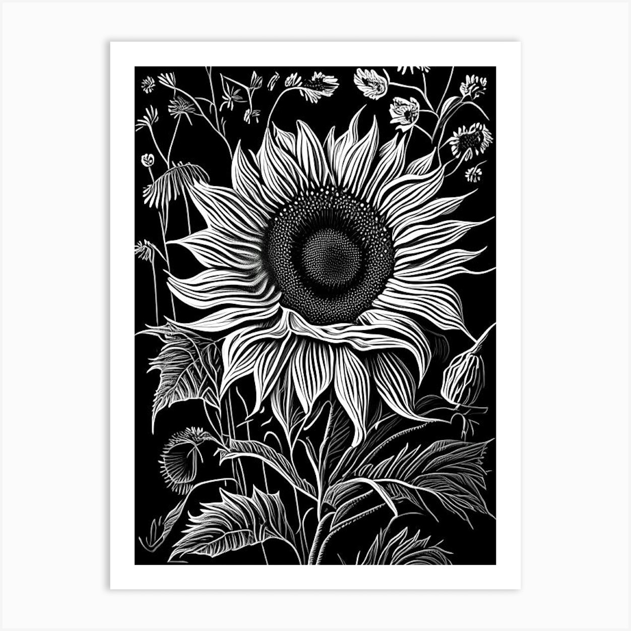 Sunflower Wildflower Linocut 3 Art Print by Wildflower Studio - Fy