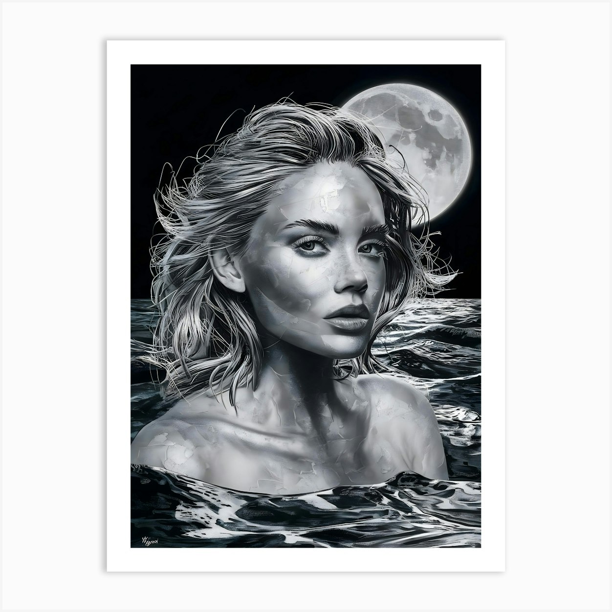 Full Moon In The Water With Woman Portrait Art Print by Smart Gallery - Fy