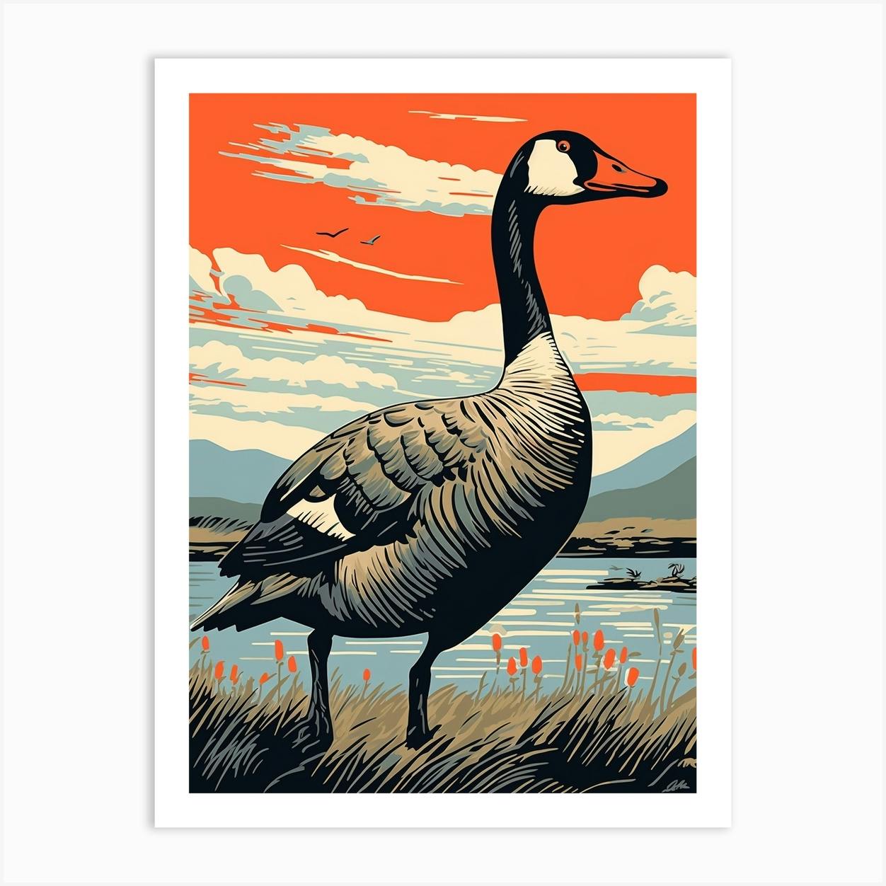 Vintage Bird Linocut Goose 4 Art Print by Feathered Muse Fy