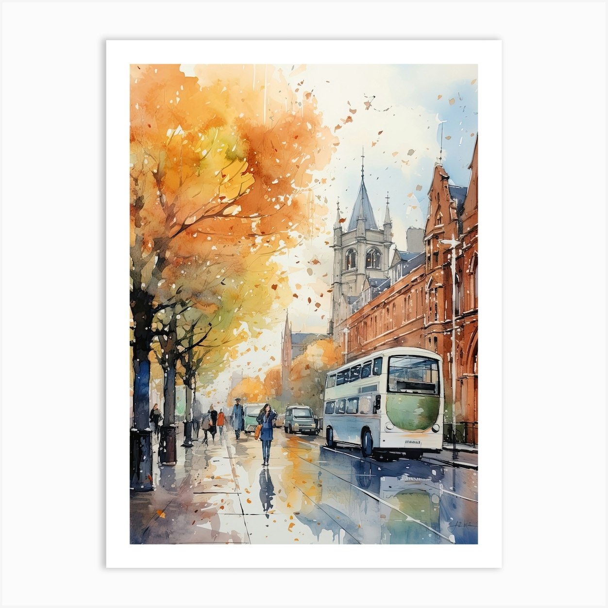Dublin Ireland In Autumn Fall, Watercolour 2 Art Print by Travel Poster