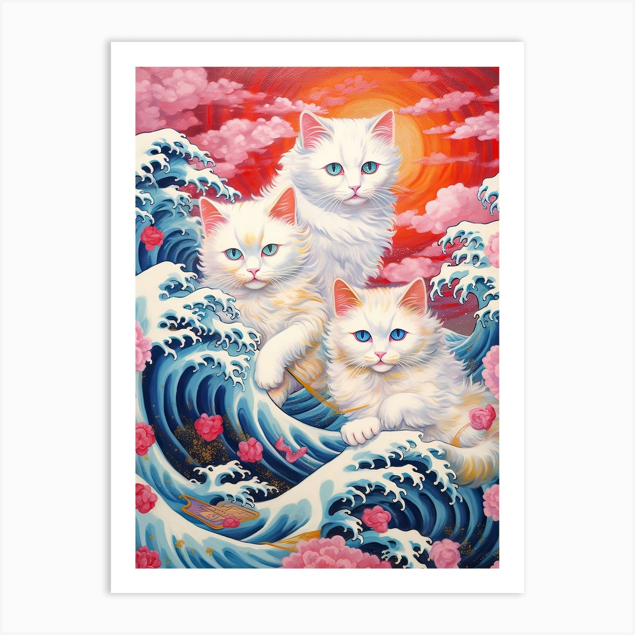 The Great Wave Off Kanagawa White Cats Kitsch Art Print by Mambo - Fy