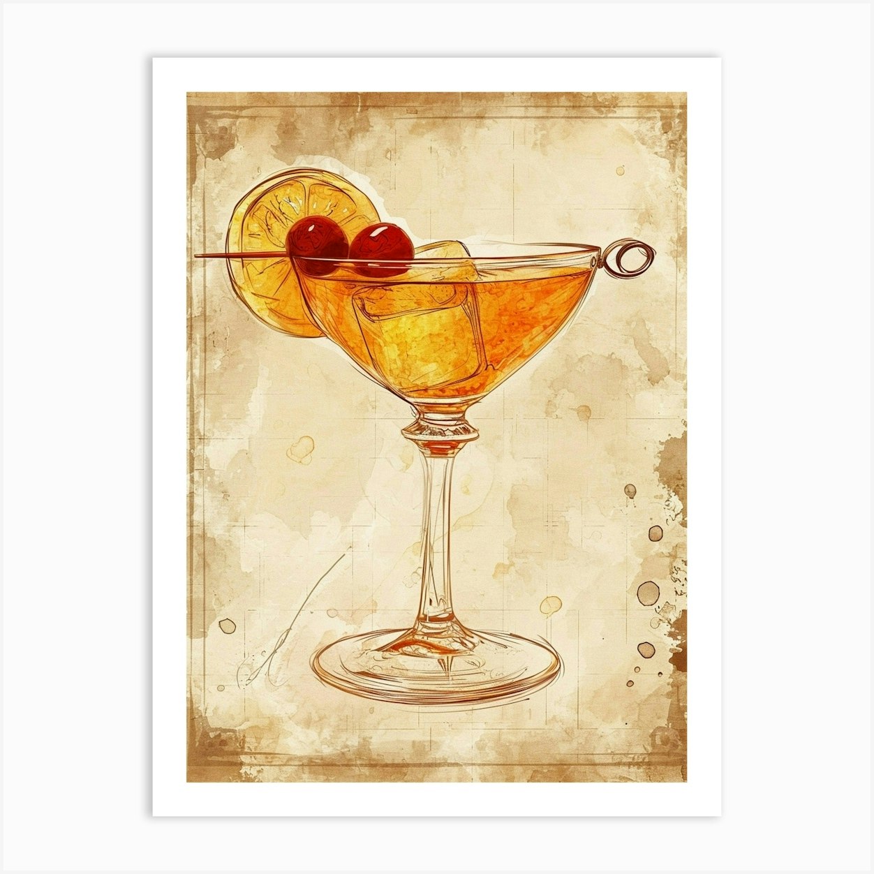 Cherry Cocktail Sepia Watercolour Art Print by Artful Mixology - Fy