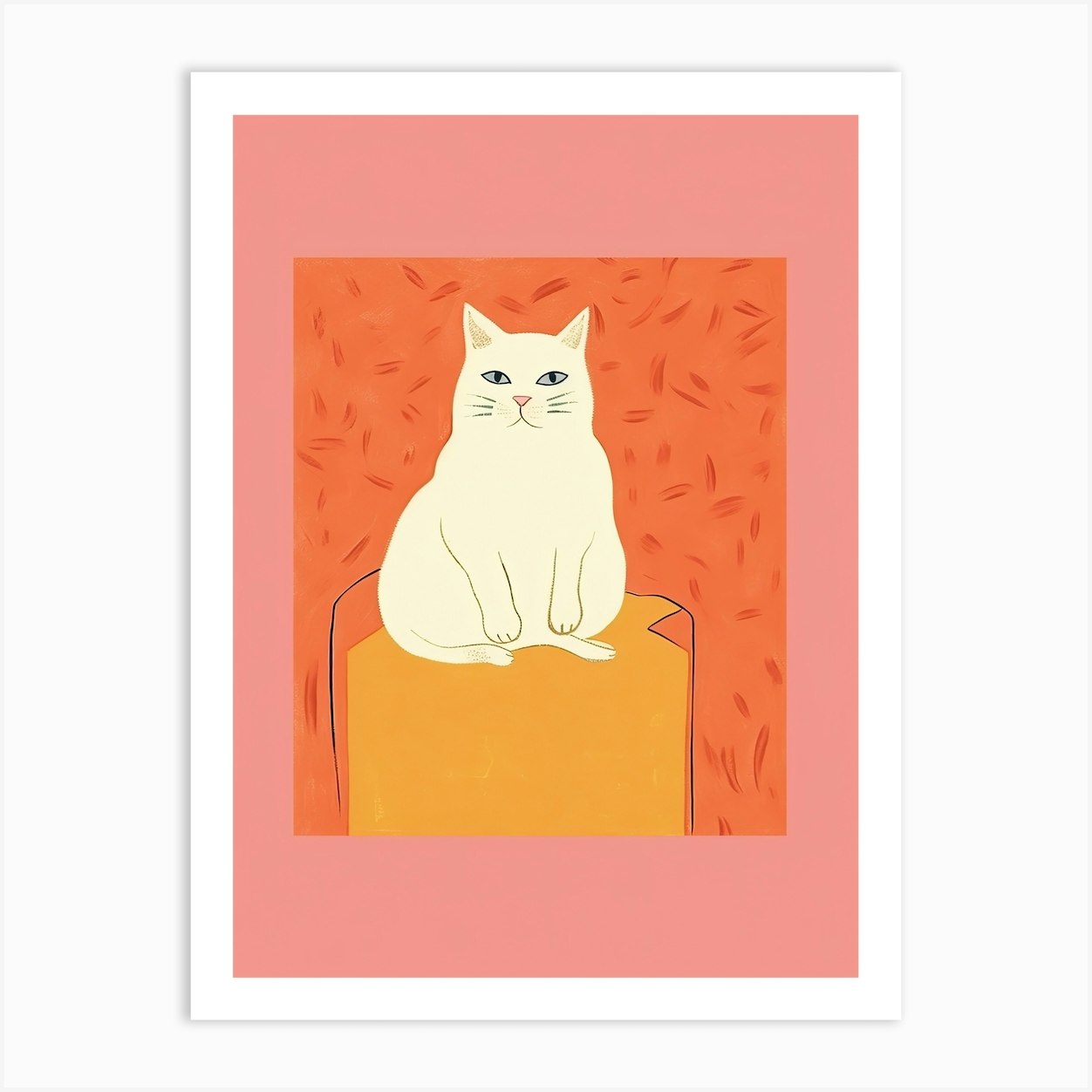 White Cat Orange Background Illustration 9 Art Print by Meowsterpieces - Fy