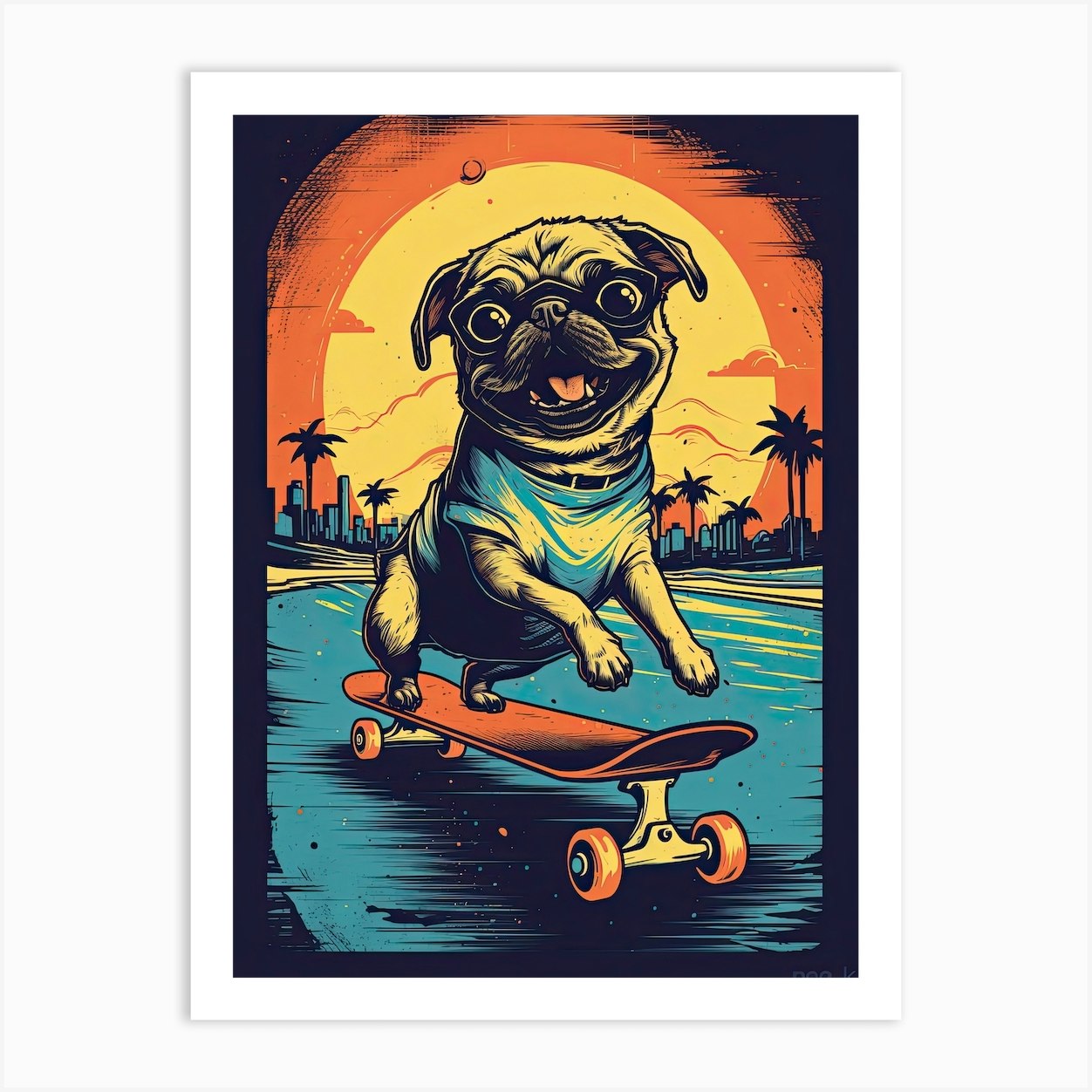 Pug Dog Skateboarding Illustration 4 Art Print by Rolling Art Fy