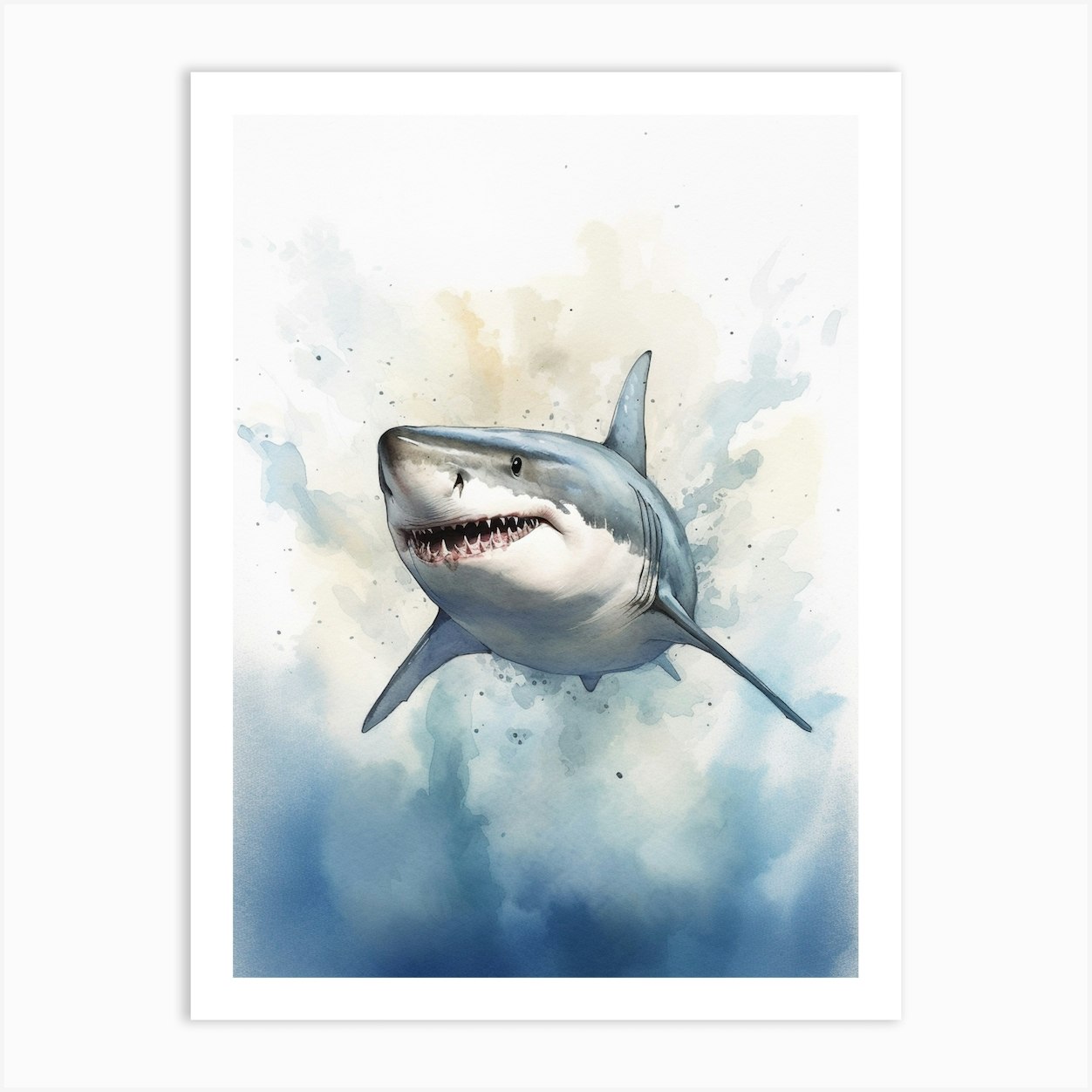 Cartoon Watercolour Great White Shark Kids Nursery 2 Art Print by ...