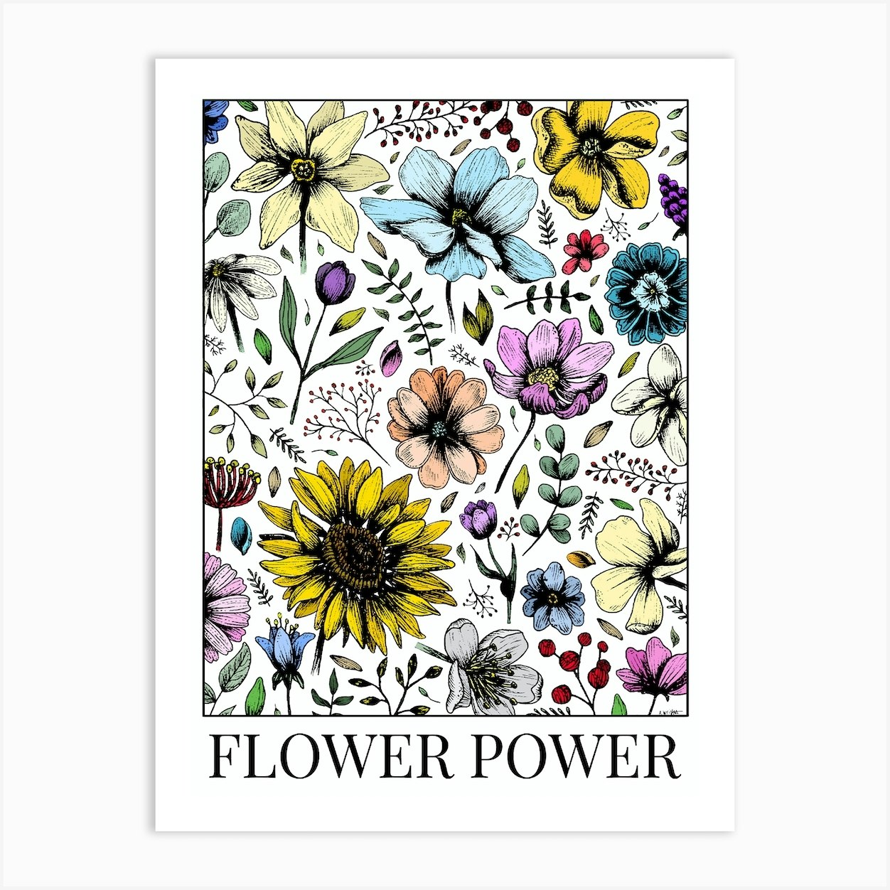 Multi-colour Fineliner Flower Power Art Print by Arttbyannie - Fy