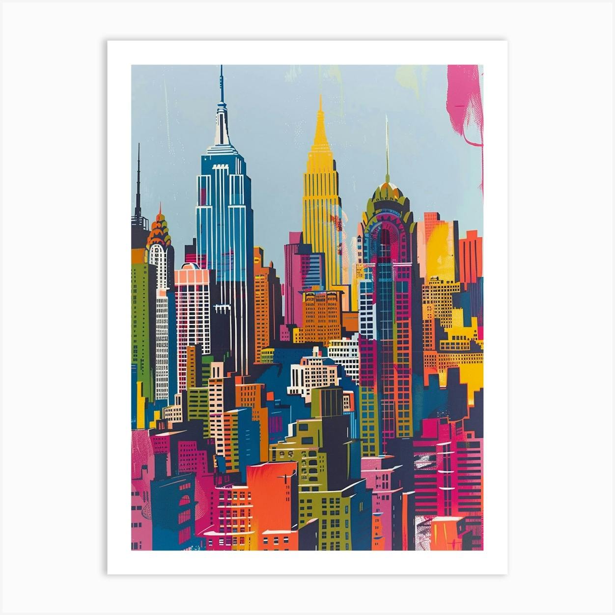 Manhattan Skyline New York Colourful Silkscreen Illustration