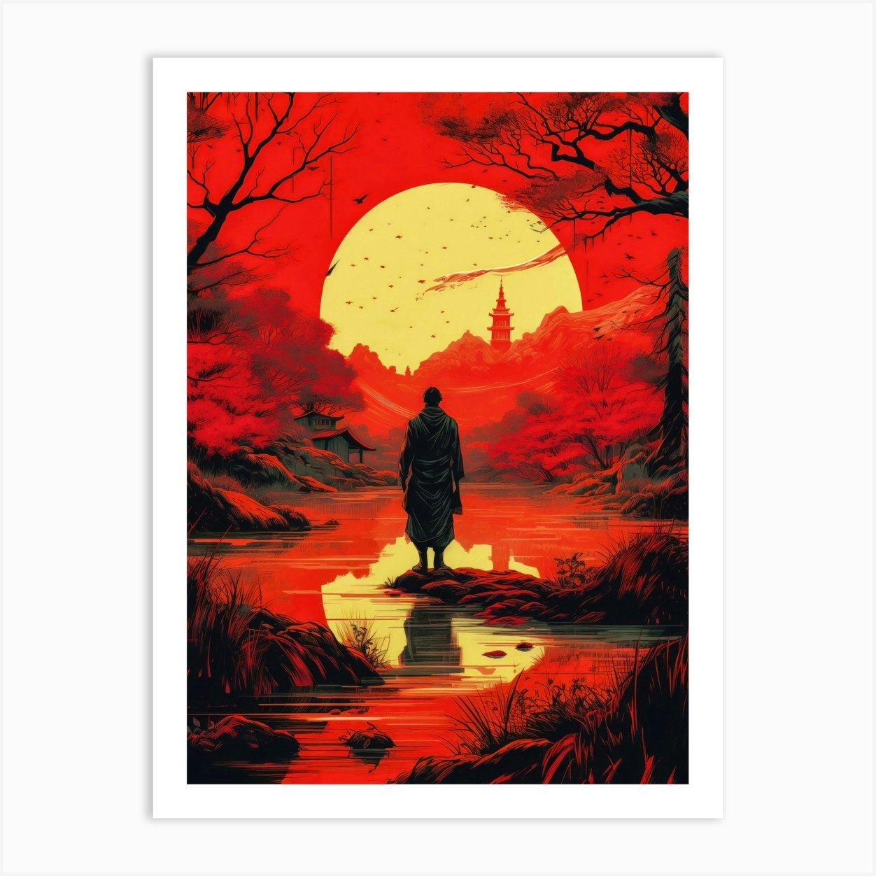 Japan Warrior Samurai Sunset Painting Art Print by Lootprint - Fy