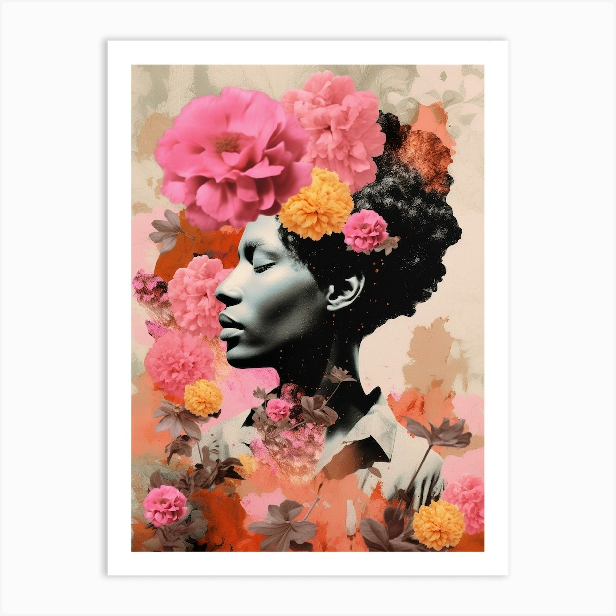 Afro Collage Portrait Flower Pink Art Print by AfroFusion - Fy