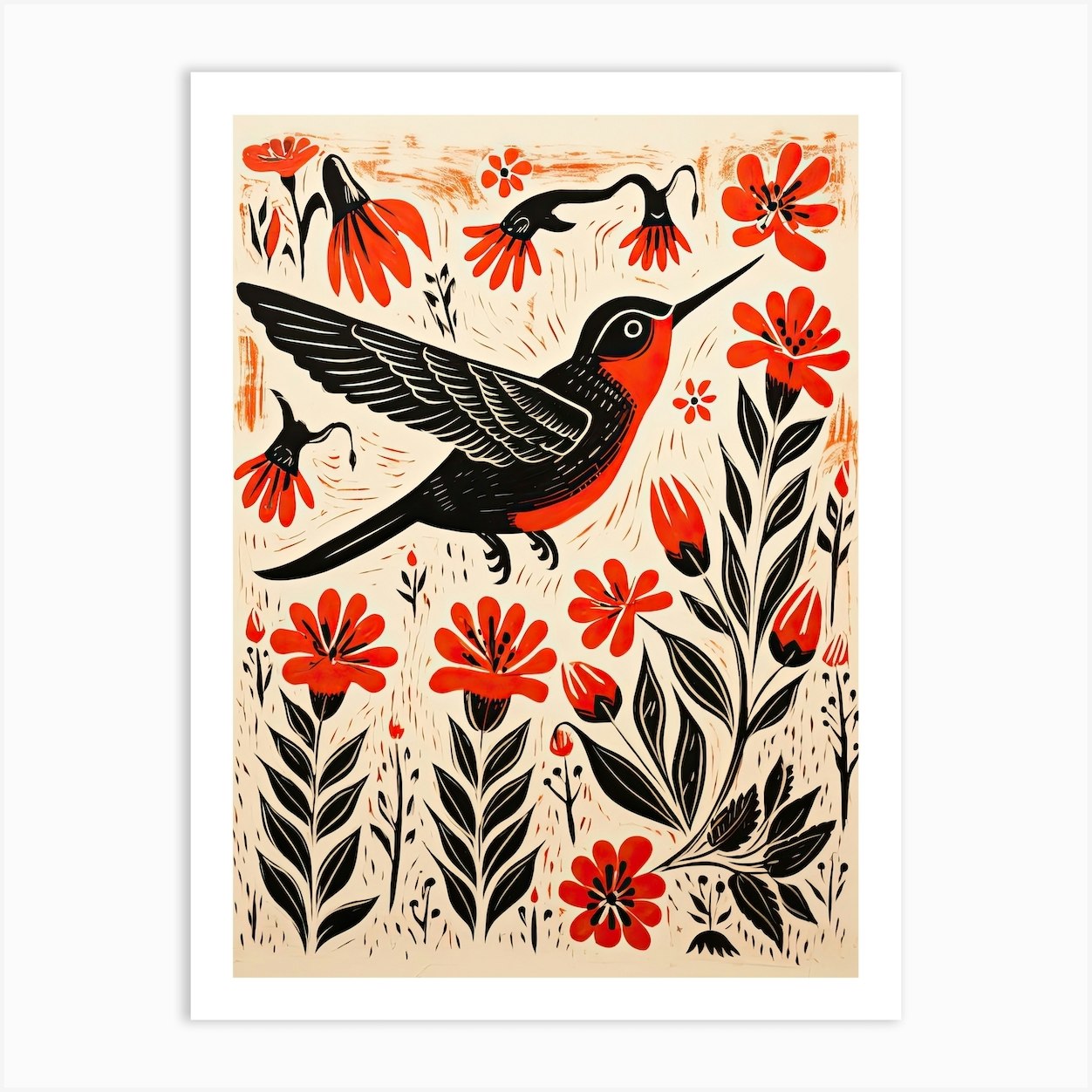 Hummingbird, Woodblock Animal Drawing 4 Art Print by Sakura Animal ...