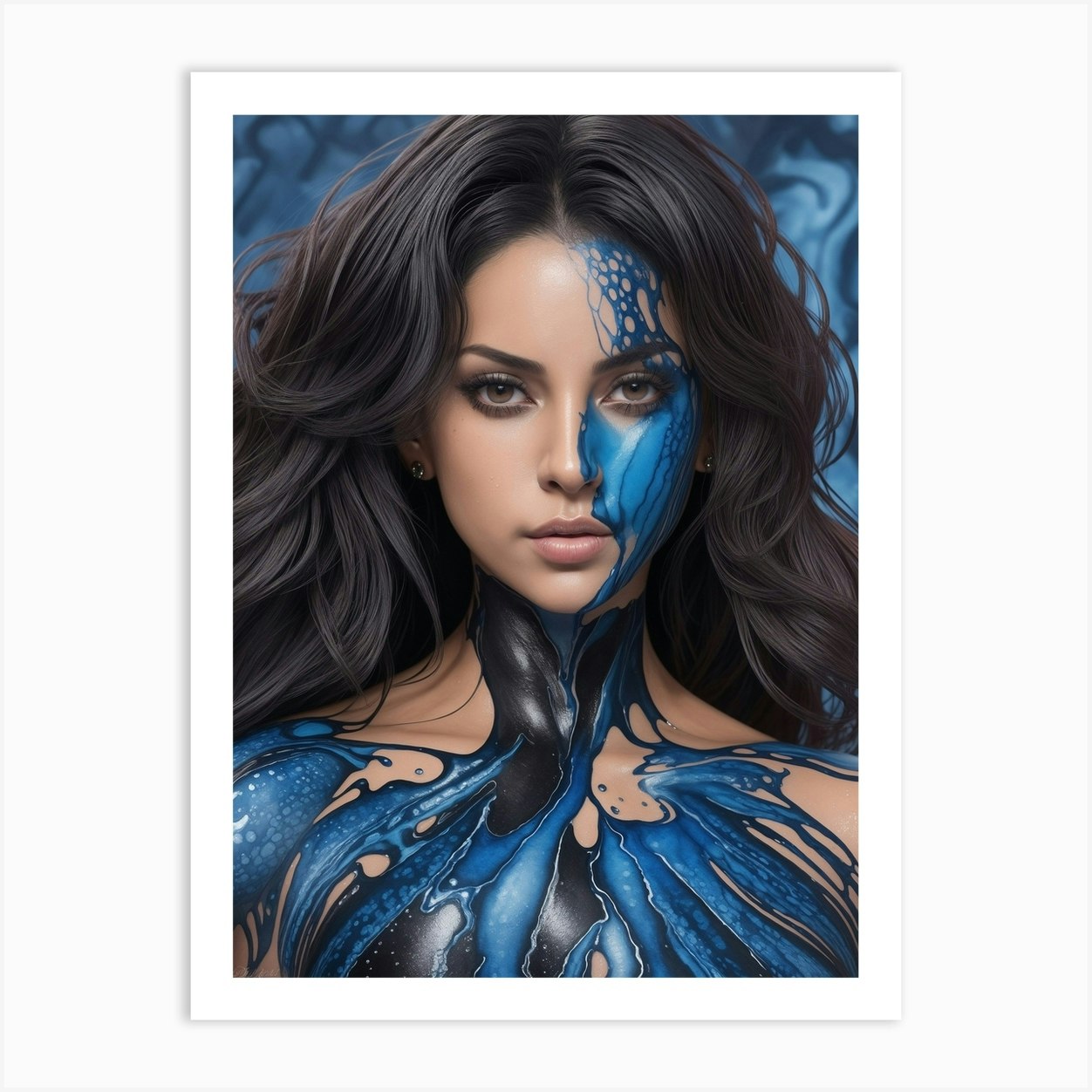 The Beauty of Women Through Blue Body Painting Art Print by Amit Dixit Fy