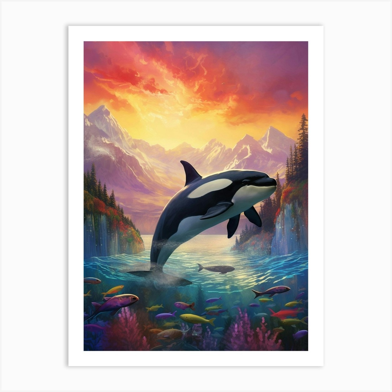 Surreal Orca Whale Mountains And Fish Art Print by Energy of the Sea - Fy