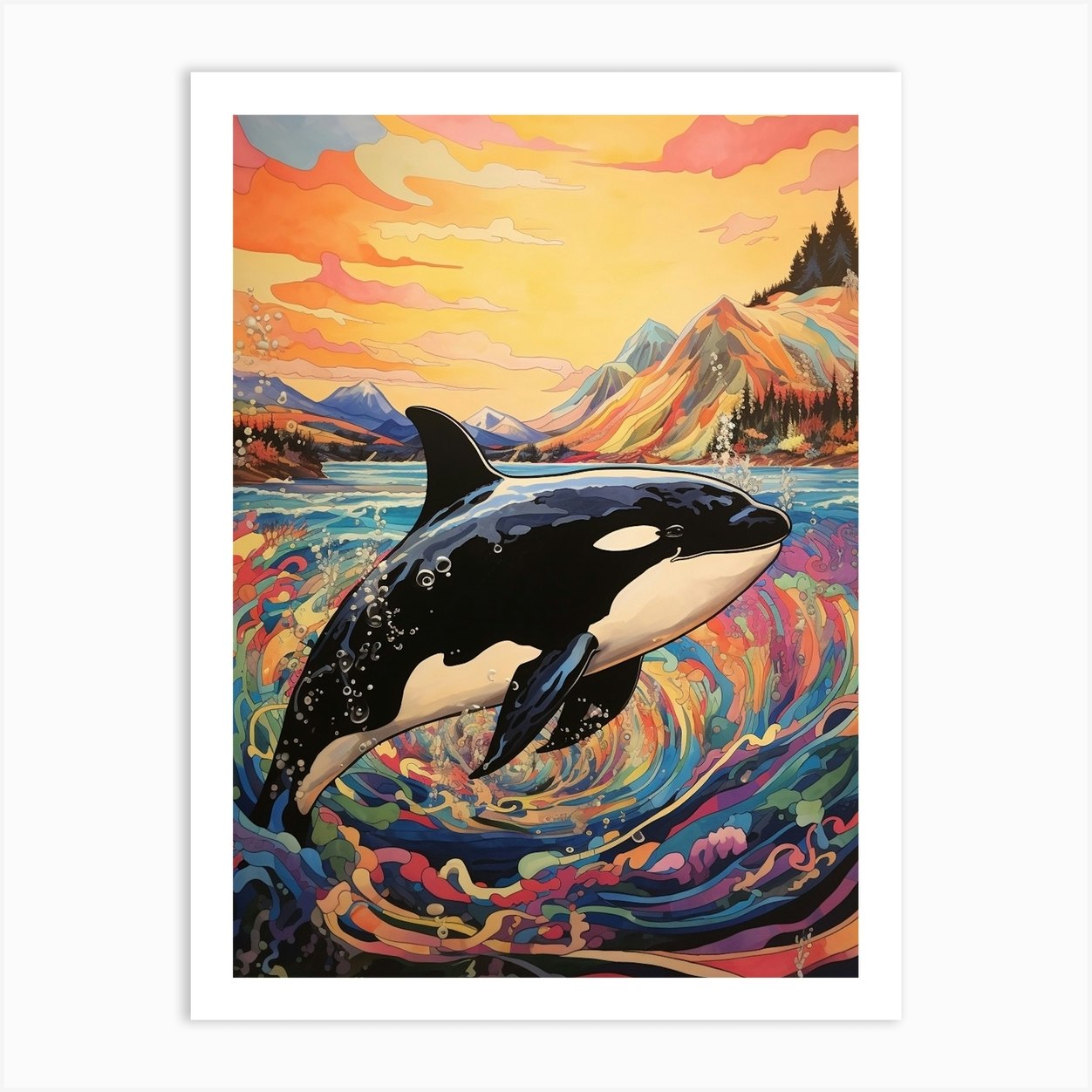 Surreal Orca Whale Waves And Mountain Art Print by Energy of the Sea - Fy