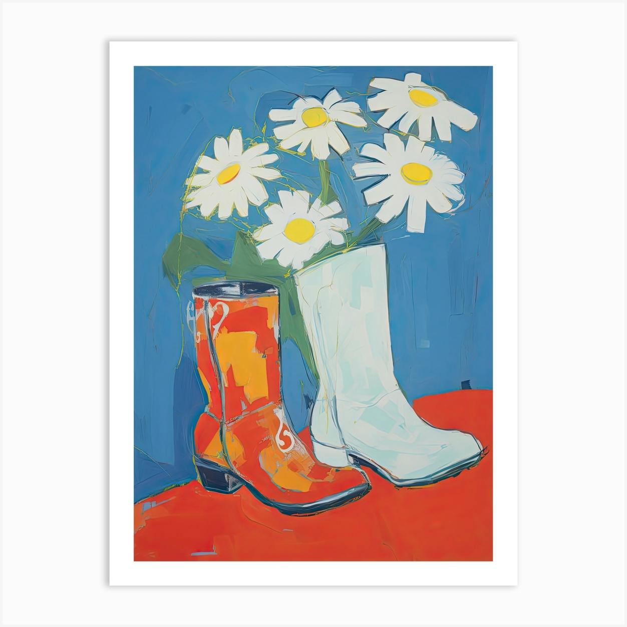 A Painting Of Cowboy Boots With Daisies Flowers Pop Art Style 8 Art Print by Blossom Boots Fy