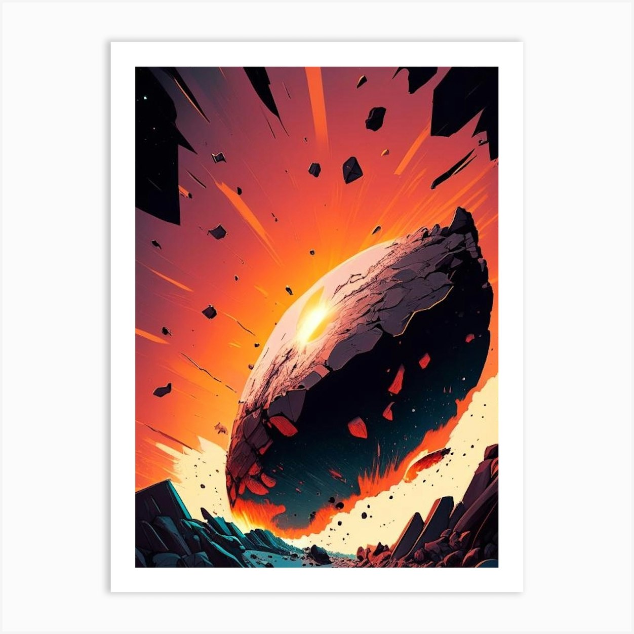 Asteroid Impact Comic Space Space Art Print by Outer Space - Fy