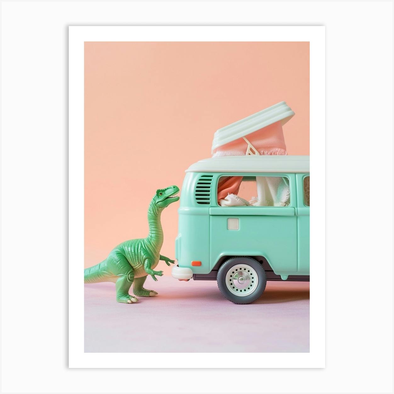 Pastel Toy Dinosaur A Camper Van Art Print by Dino Delights Fy